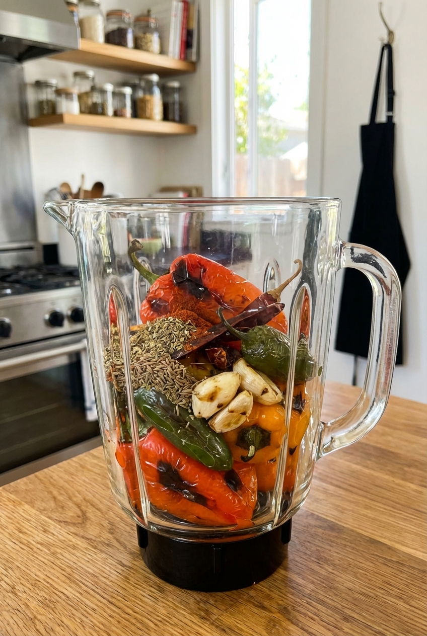 A blender pitcher filled with roasted peppers, garlic, and spices ready to be blended into hot sauce