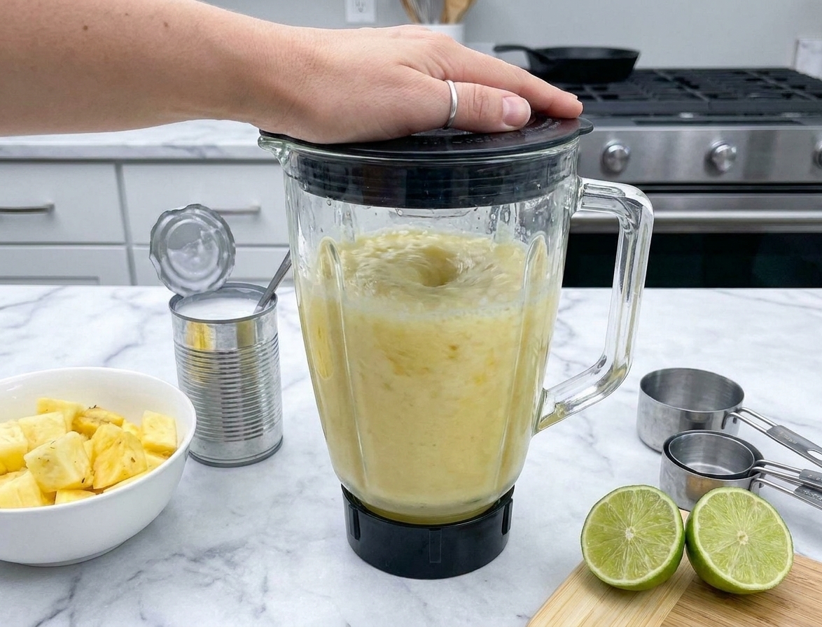 A blender pitcher on a kitchen counter filled with a pale yellow virgin piña colada mixture mid-blend