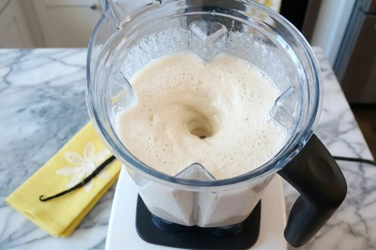 A blender running on a kitchen counter as a creamy vanilla smoothie swirls inside the pitcher