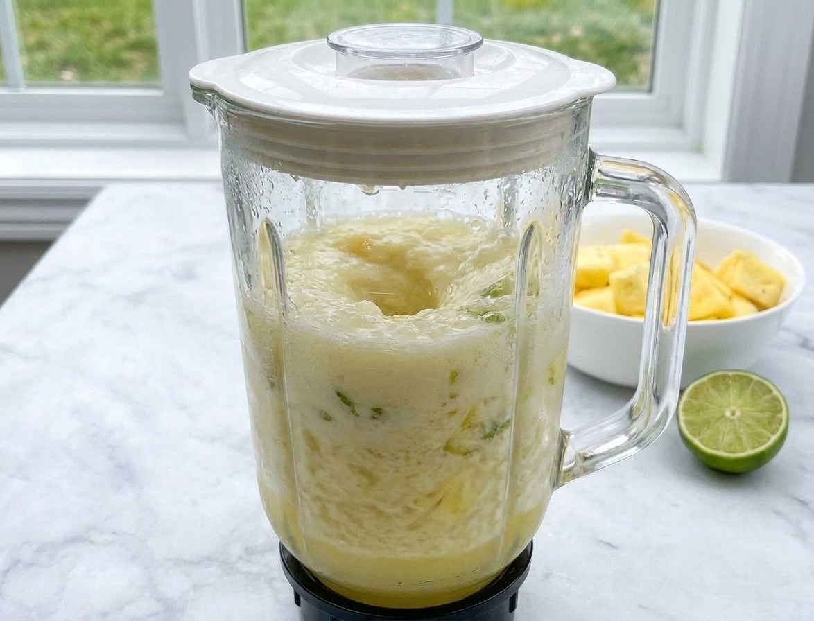A blender running on a kitchen counter with a pale yellow pina colada mixture swirling inside