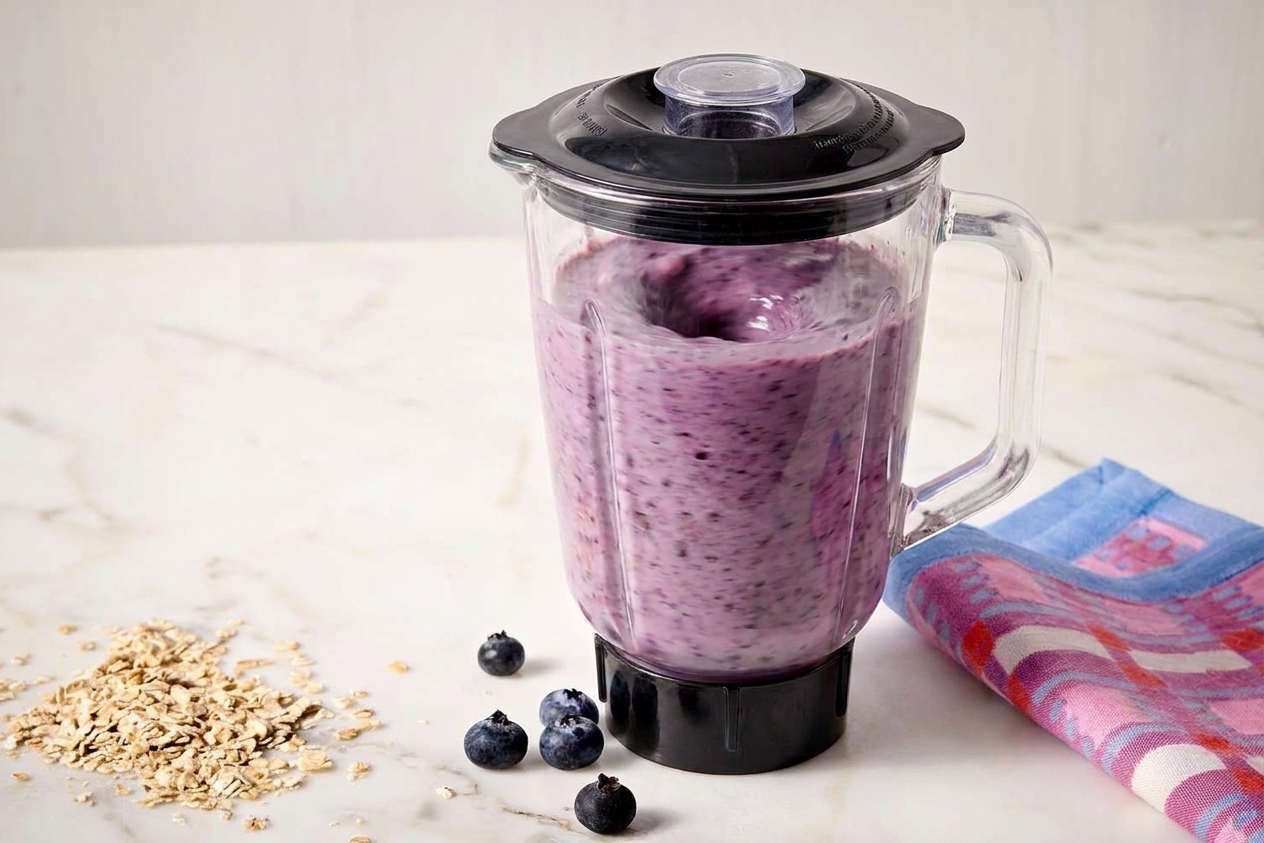 A blender running on a kitchen counter with a purple berry smoothie swirling inside the jar