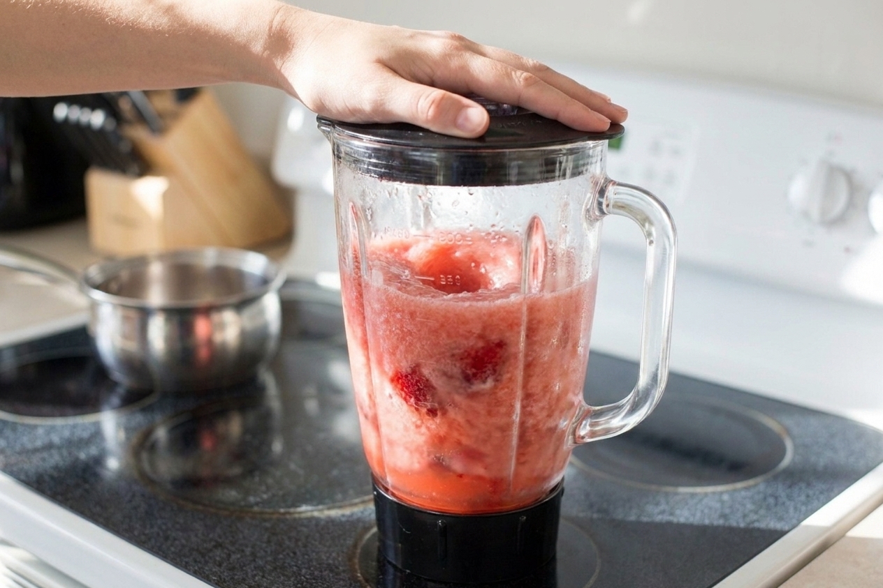 A blender running with a bright pink strawberry frosé mixture swirling inside