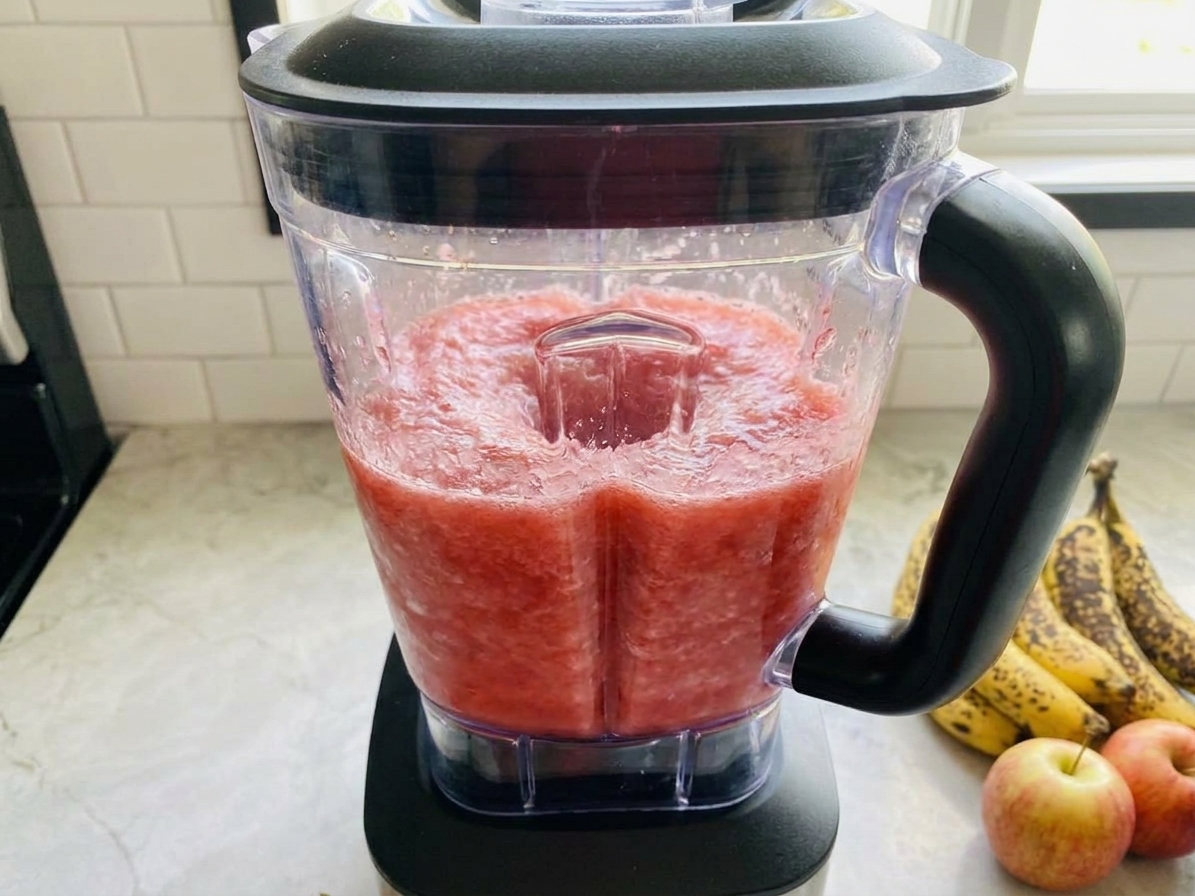 A blender running with a bright pink strawberry mixture swirling into a smooth slush