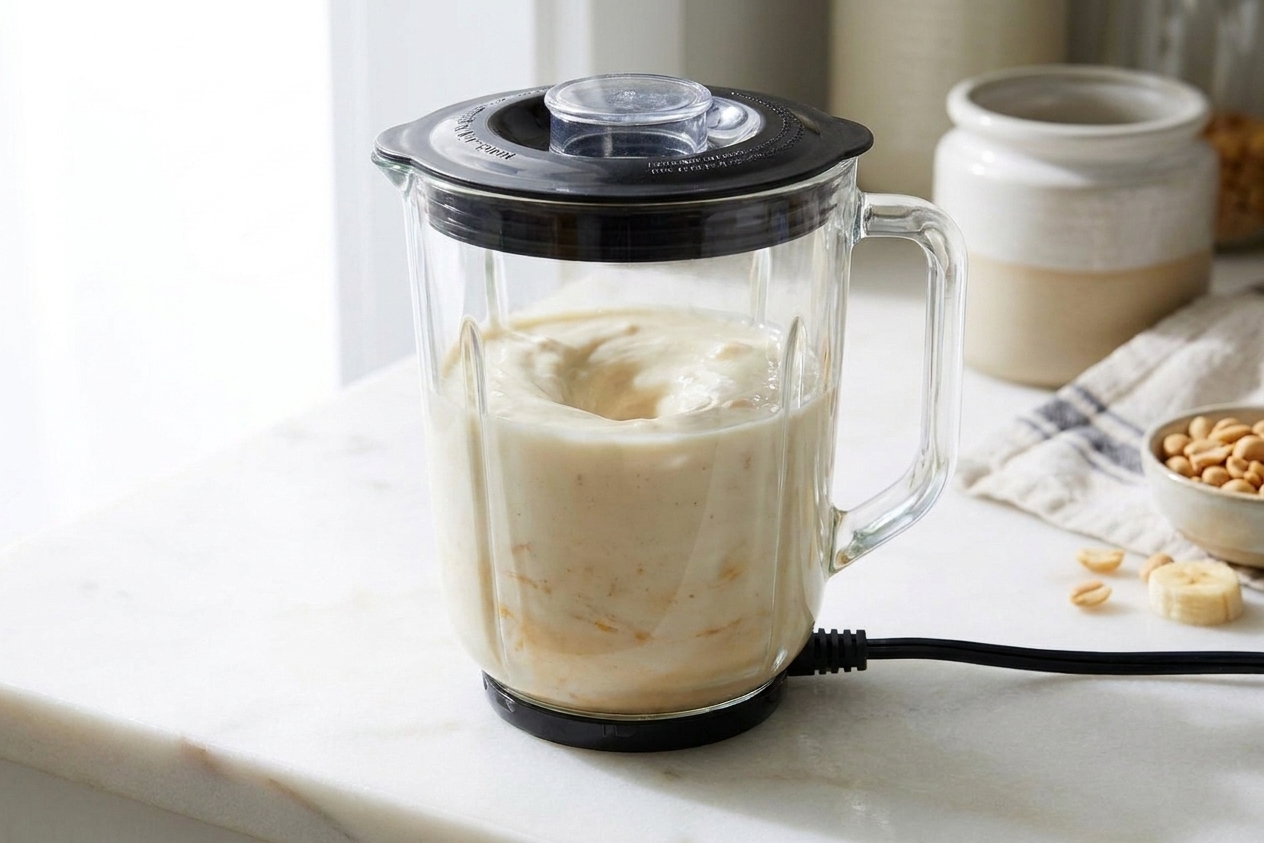 A blender running with a pale creamy mixture swirling smoothly inside on a bright kitchen counter