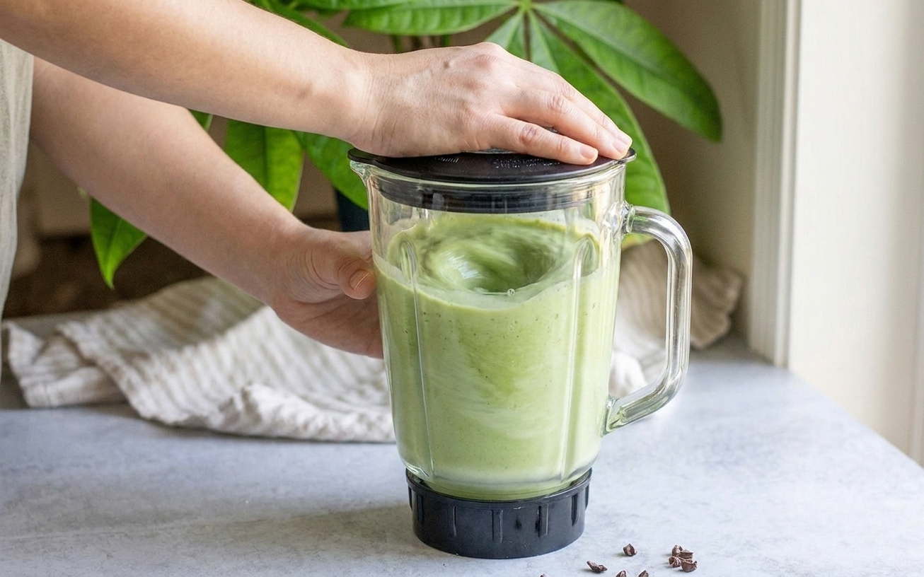 A blender running with a pale green mint milkshake swirling inside on a kitchen counter