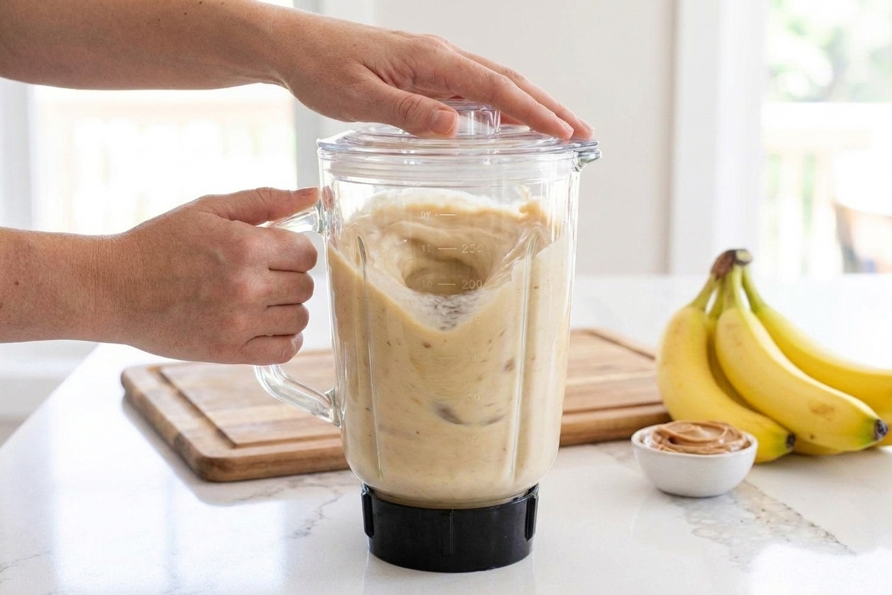 A blender running with a pale tan peanut butter banana shake swirling inside the pitcher on a clean kitchen counter