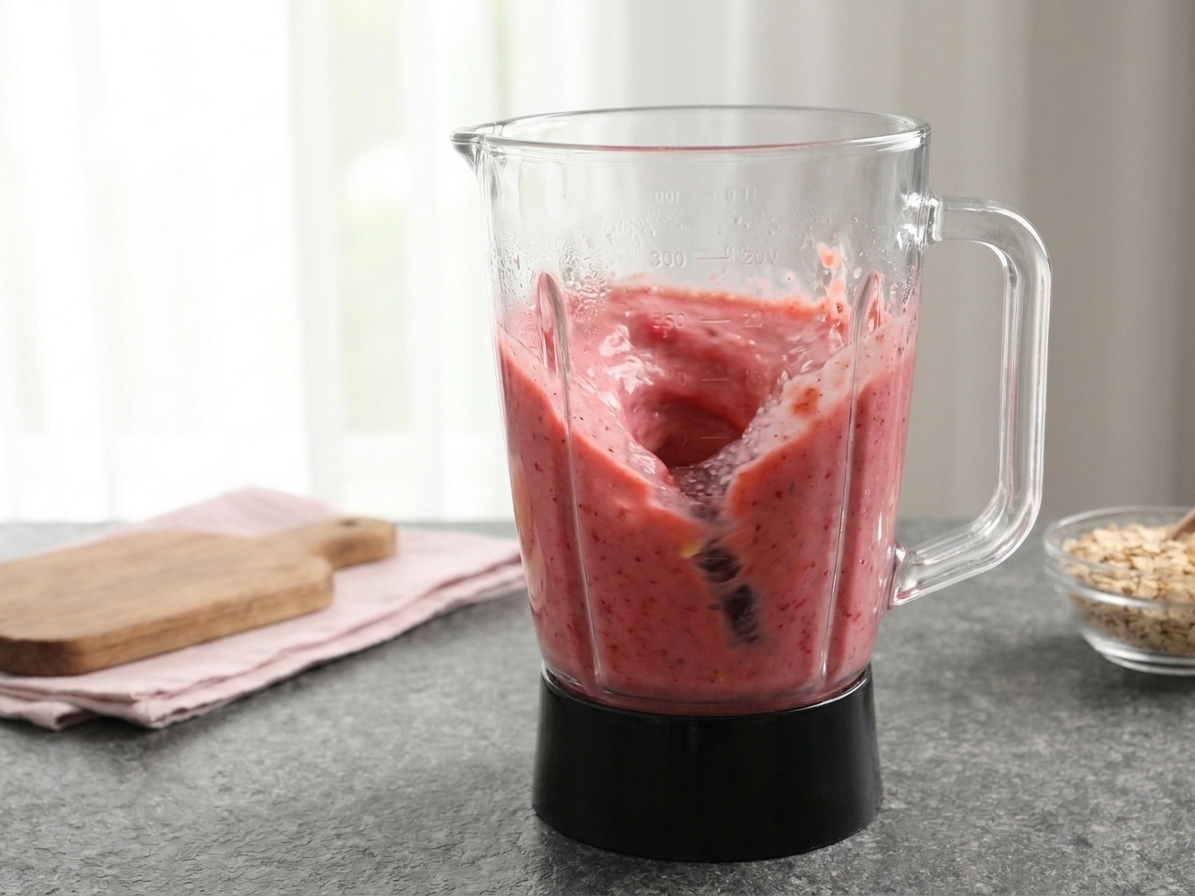 A blender running with a pink strawberry smoothie swirling inside the jar, shot from the side on a kitchen counter