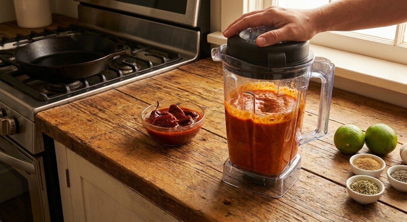 A blender running with a reddish chipotle marinade on a warm kitchen counter