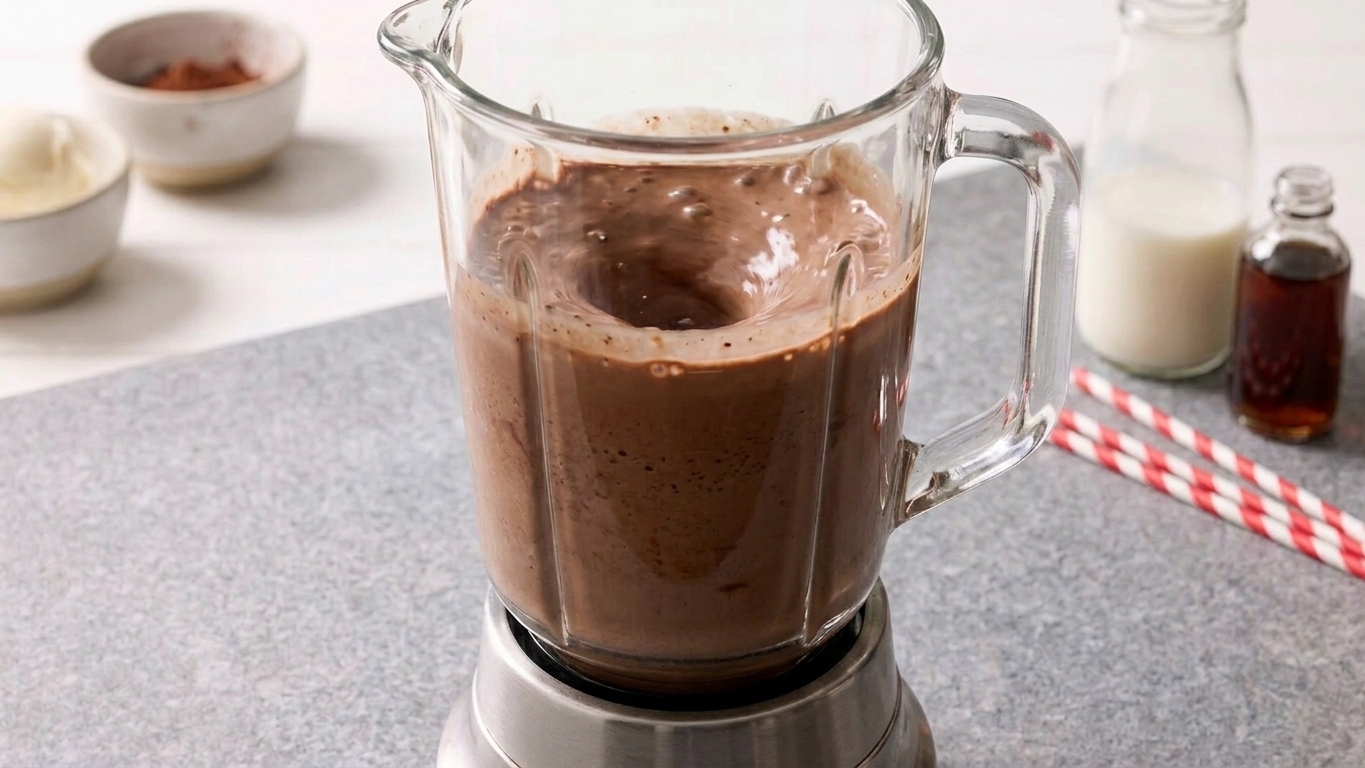 A blender running with a thick chocolate milkshake swirling smoothly inside the jar