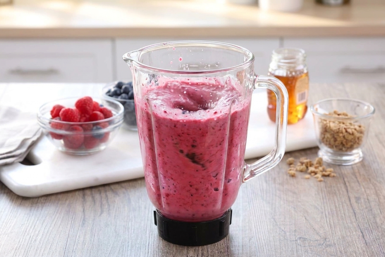 A blender running with a thick pink berry shake swirling inside the blender jar