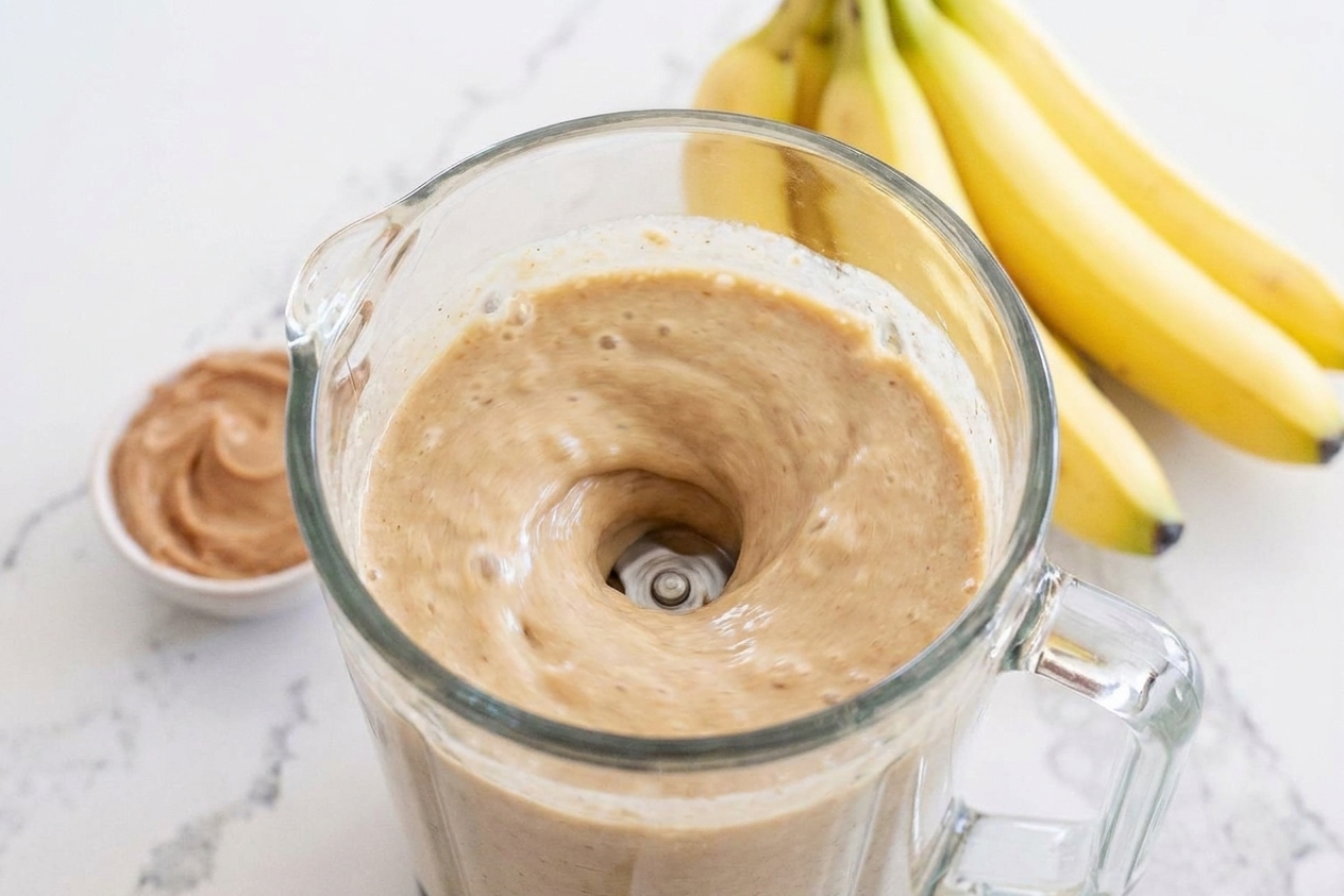 A blender running with a thick tan peanut butter smoothie swirling smoothly inside the pitcher
