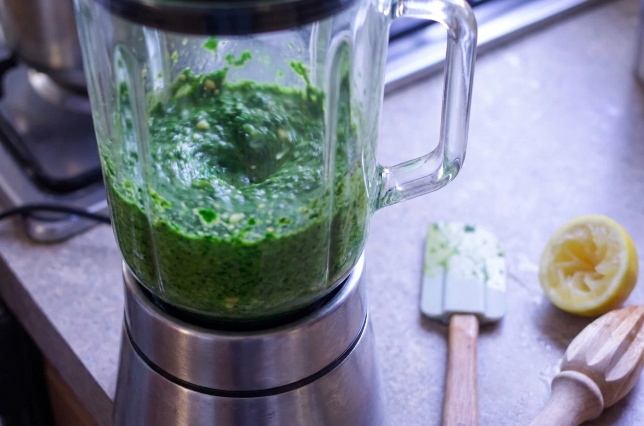 A blender running with bright green kale pesto swirling inside, with a spatula resting nearby on the counter
