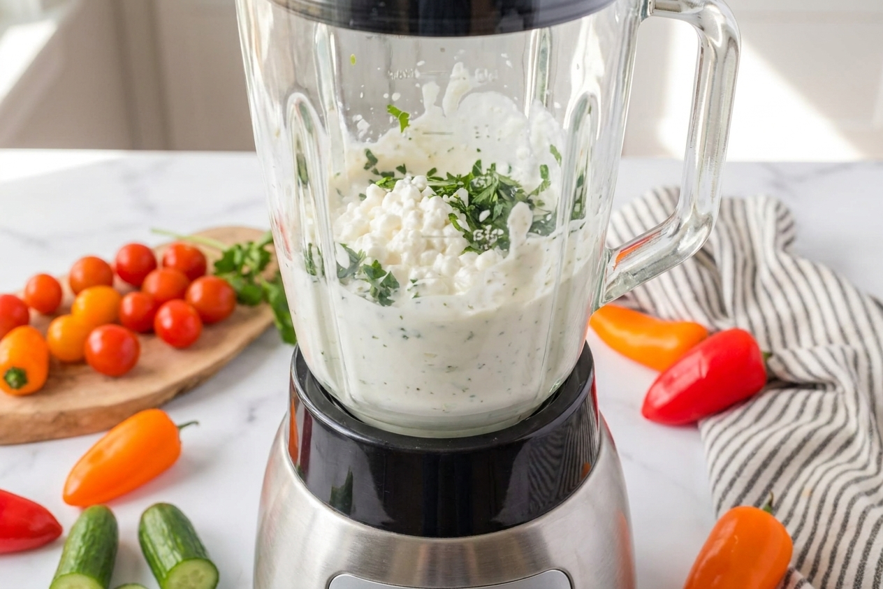 A blender running with cottage cheese and herbs inside, turning into a smooth creamy dip on a kitchen counter