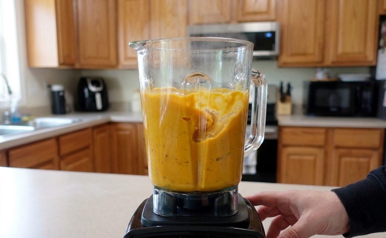 A blender running with creamy orange vegan cheese sauce swirling inside