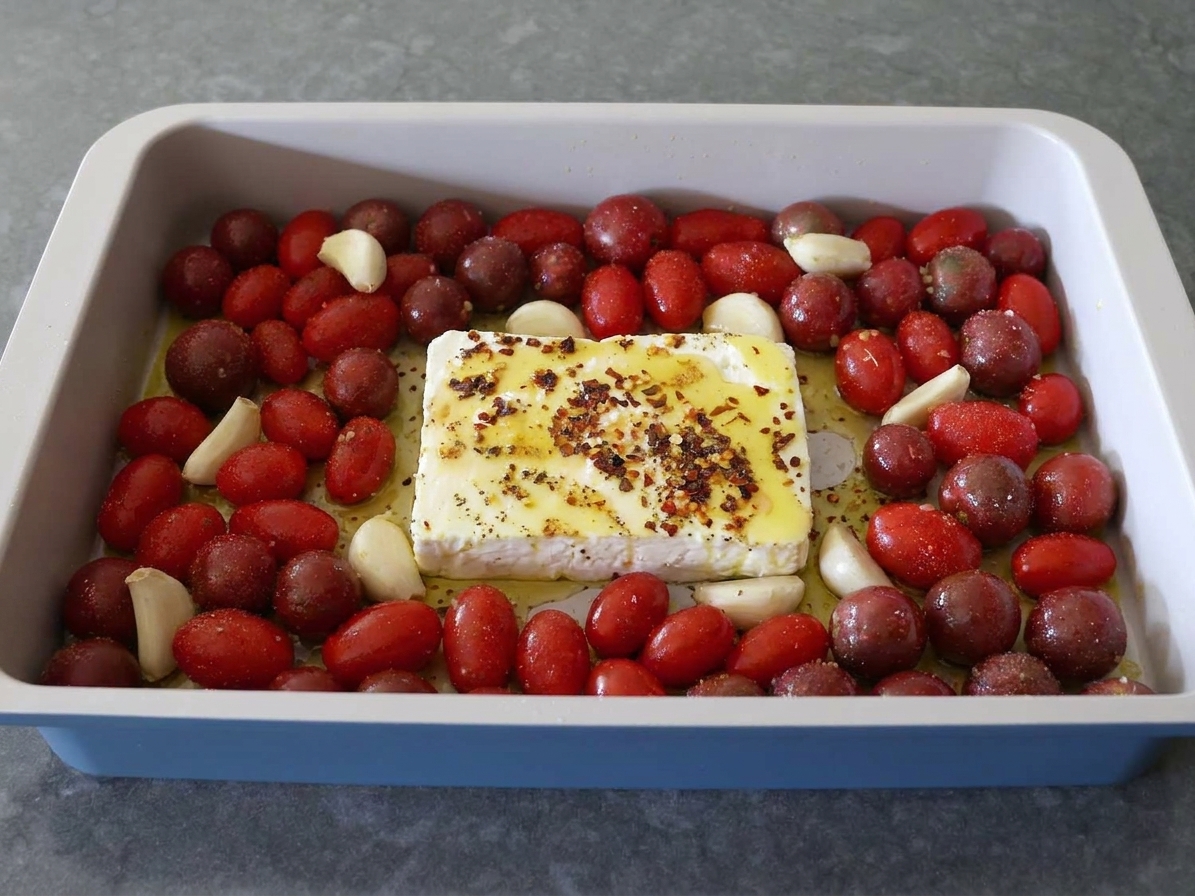 A block of feta centered in a baking dish surrounded by cherry tomatoes, garlic cloves, olive oil, salt, and red pepper flakes before roasting