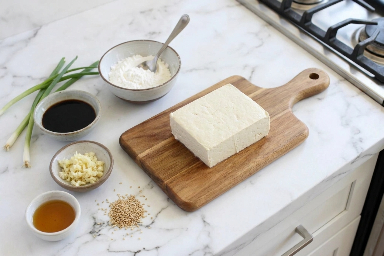 A block of firm tofu on a cutting board on a bright kitchen counter with small bowls of soy sauce, cornstarch, garlic, and sesame oil nearby