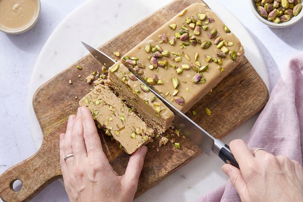 A block of pistachio halva being sliced with a sharp knife on a wooden cutting board, showing its crumbly sesame texture