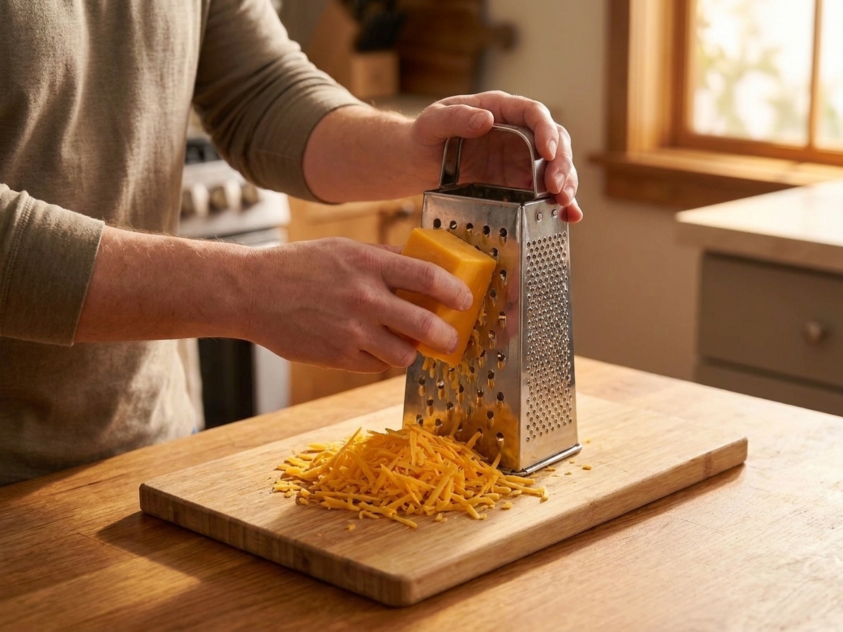 A block of sharp cheddar being grated on a box grater over a cutting board in warm kitchen light