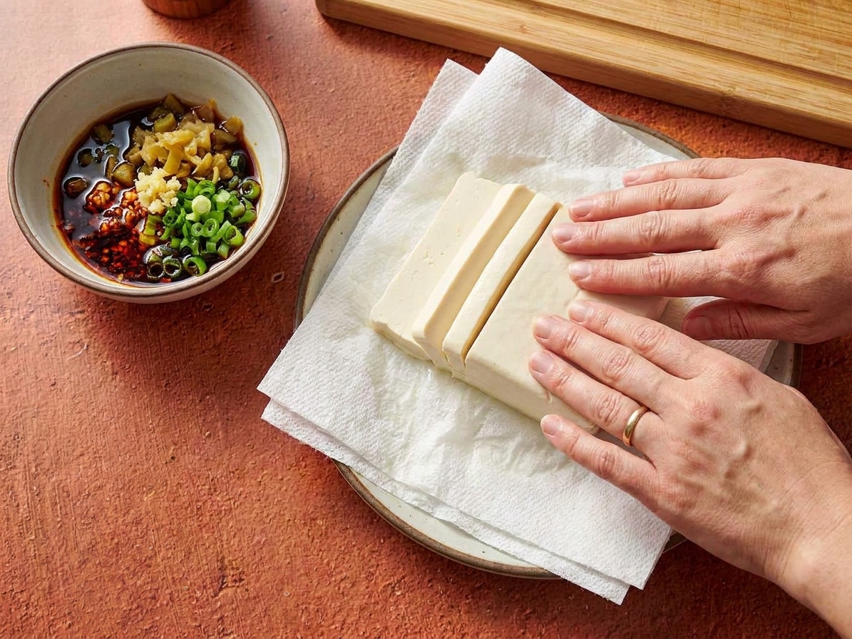 A block of silken tofu draining on a plate lined with paper towels beside a small bowl of sauce ingredients