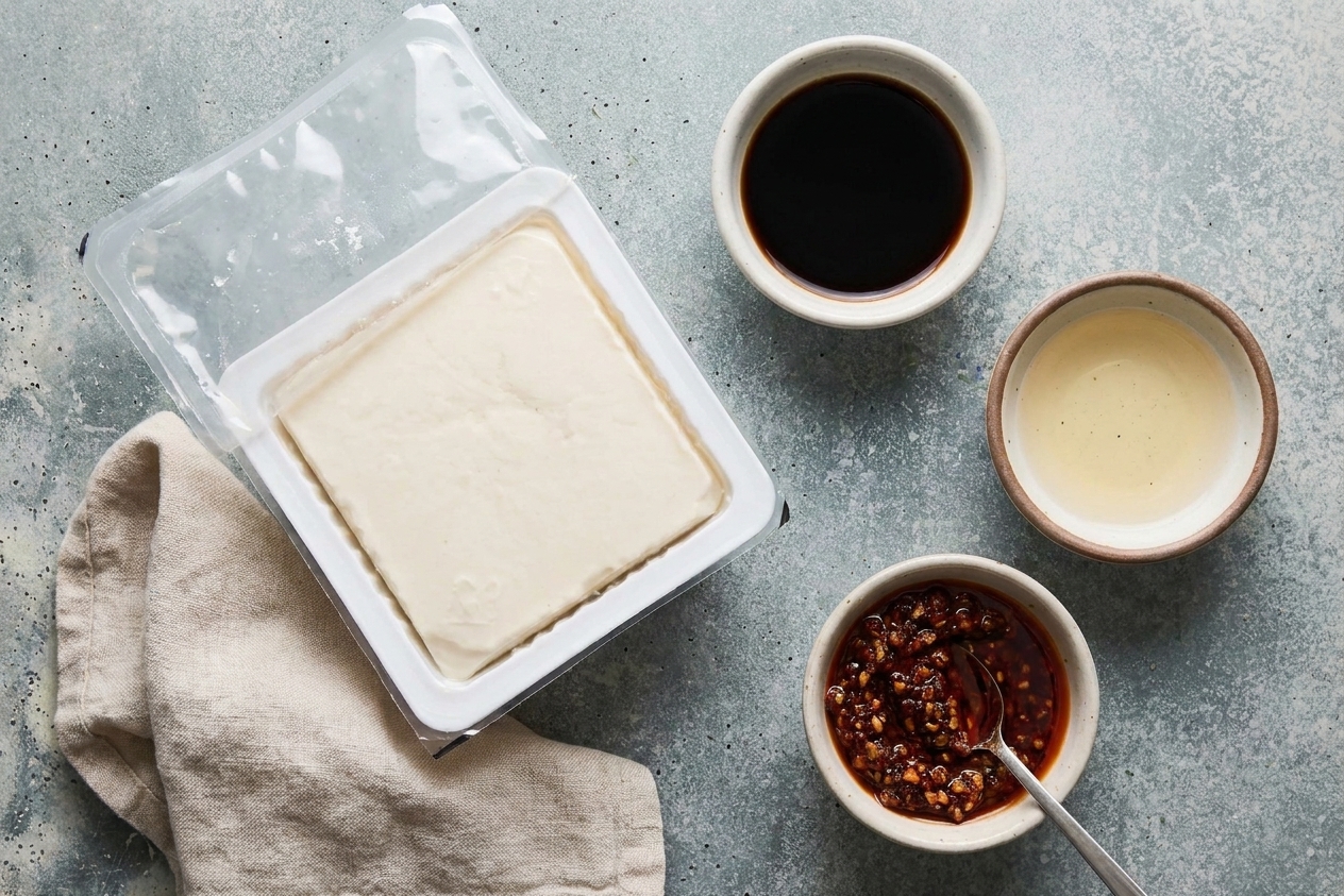 A block of silken tofu in its plastic tray on a clean kitchen counter next to a towel and small bowls of soy sauce, vinegar, and chili crisp
