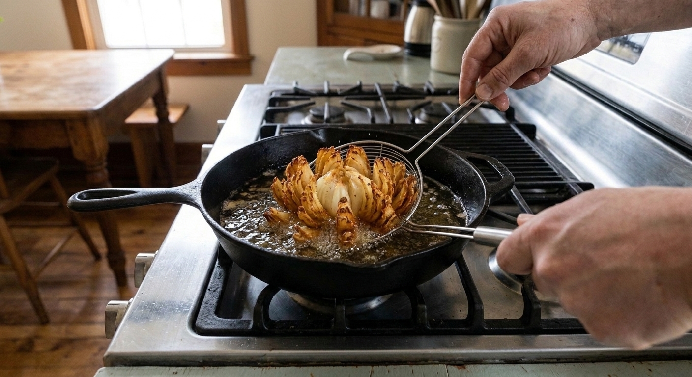 A bloomin onion frying in a deep pot of bubbling oil on a stovetop, petals opening and turning golden
