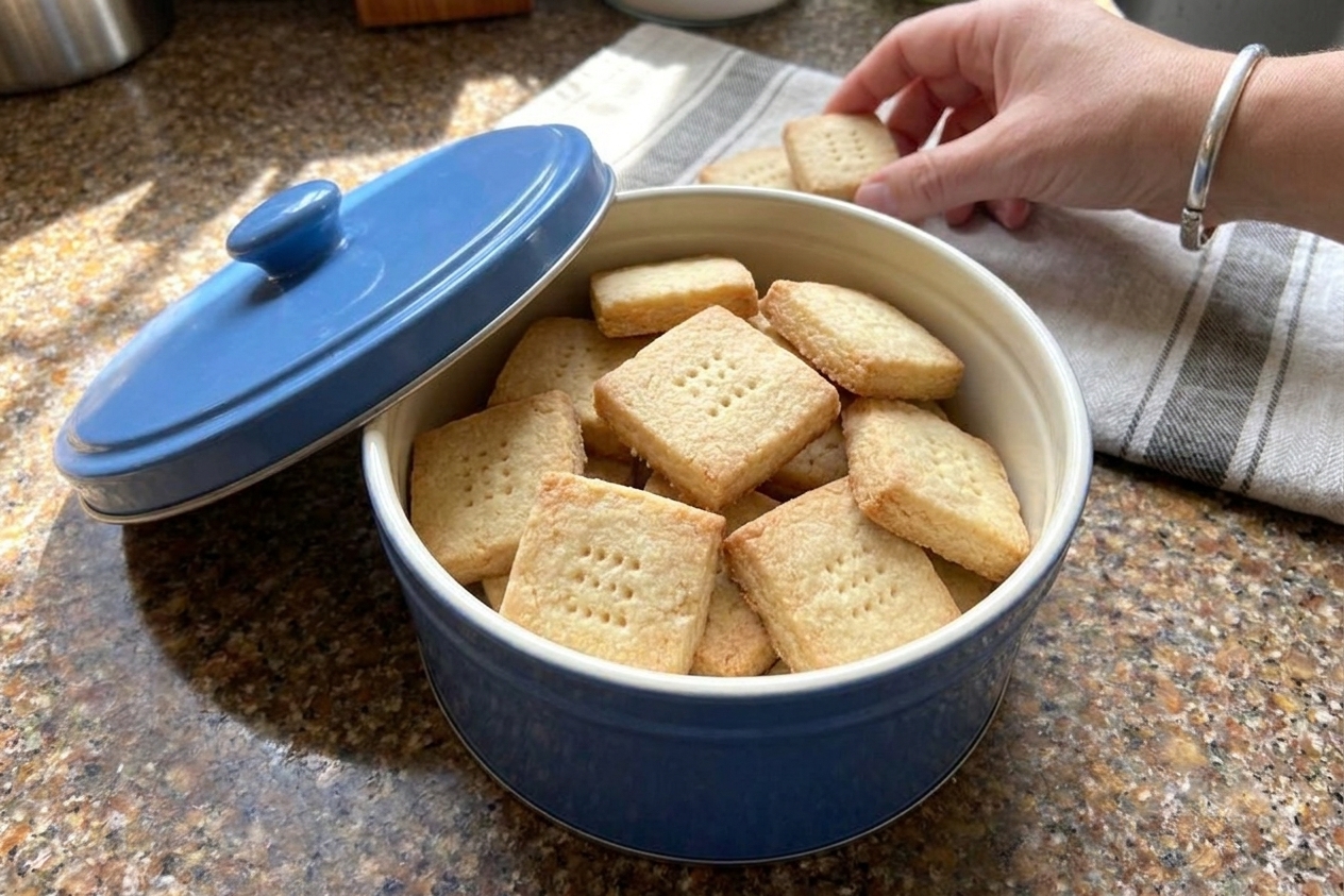 A blue biscuit tin filled with square shortbread-style biscuits on a sunlit kitchen counter