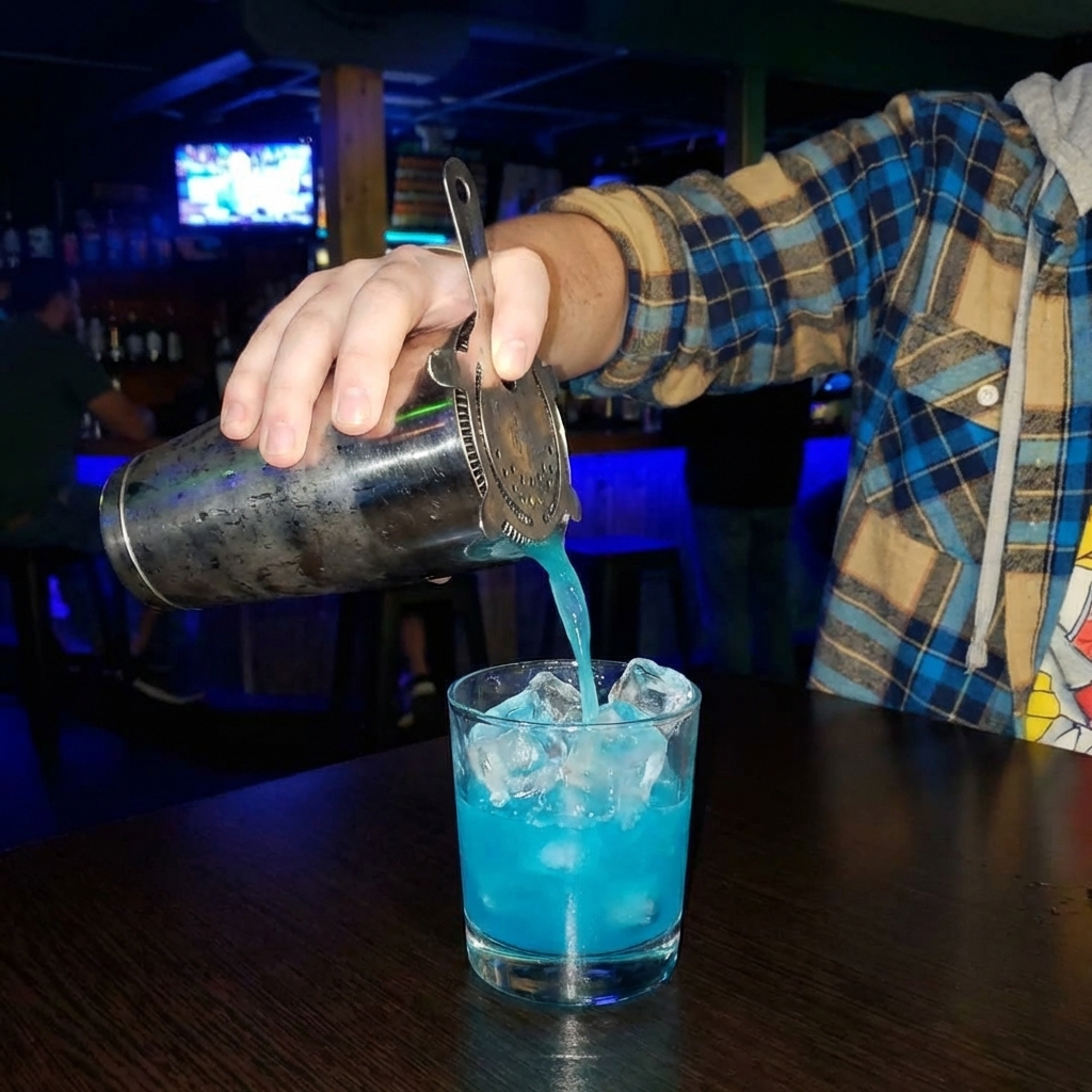A blue cocktail being poured from a shaker into a glass filled with fresh ice