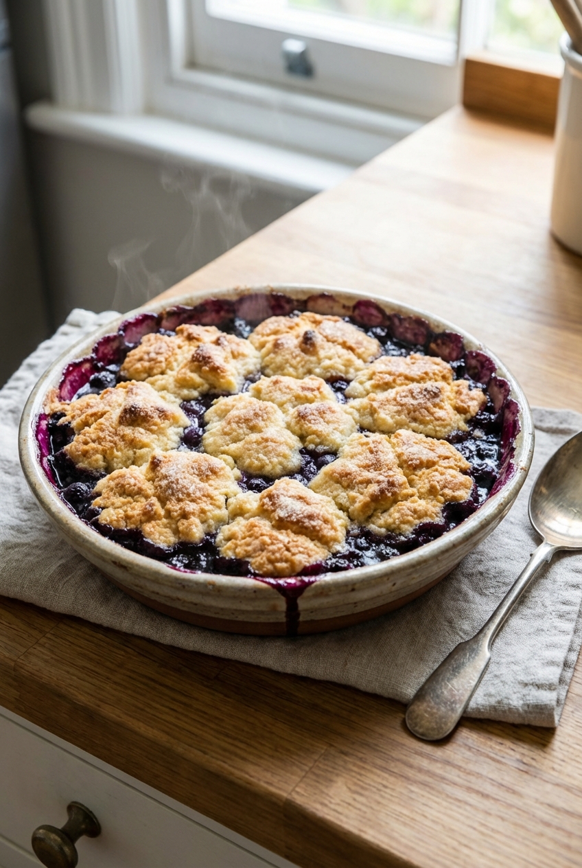 A blueberry cobbler cooling on a counter in a baking dish with a golden, craggy topping and visible bubbling berry edges