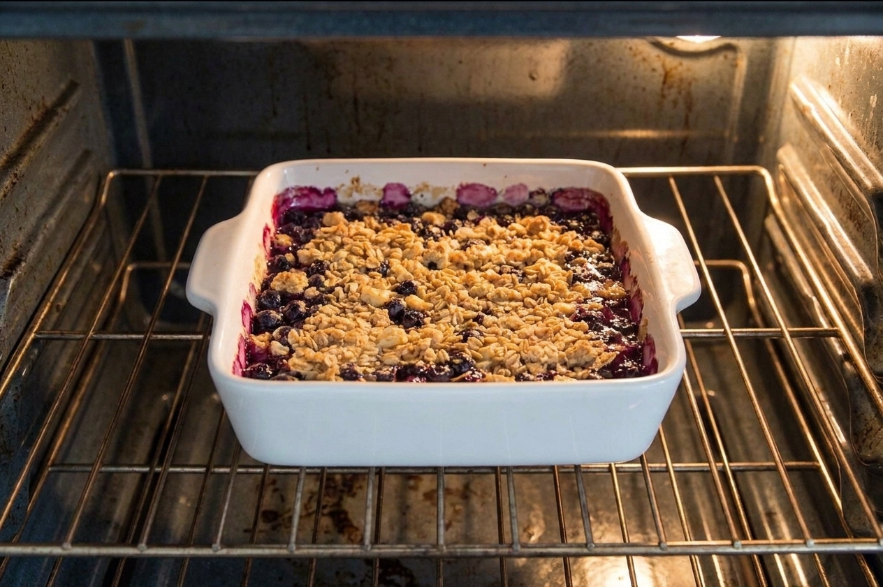 A blueberry crumble baking on the middle rack of an oven in a ceramic dish with bubbling edges