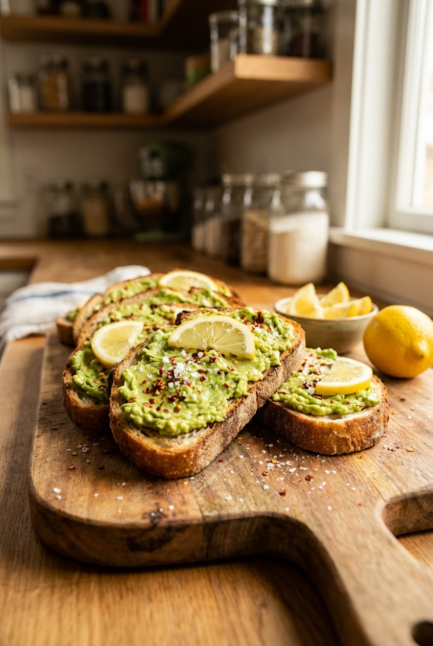 A board with sliced sourdough toast topped with mashed avocado and lemon