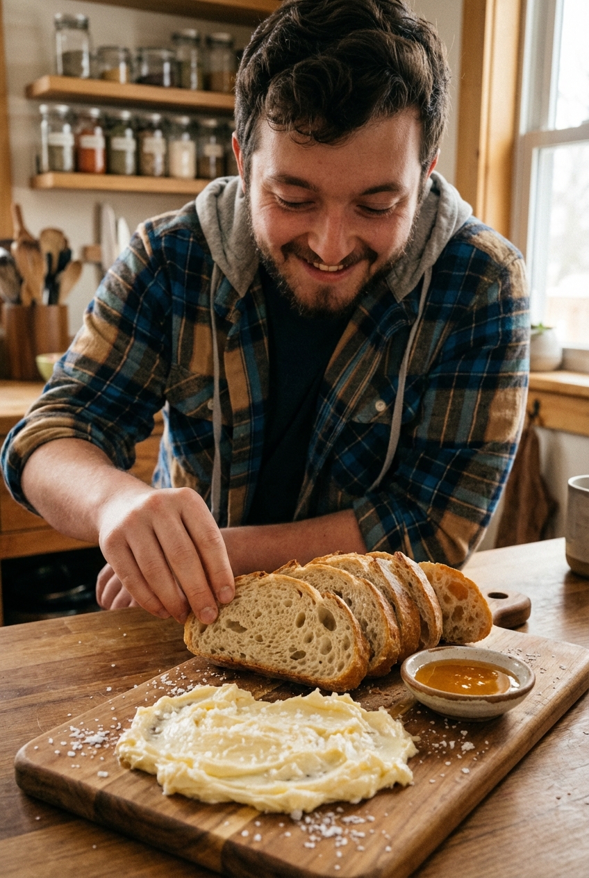 A board with soft butter, flaky salt, and a small dish of honey beside sliced bread