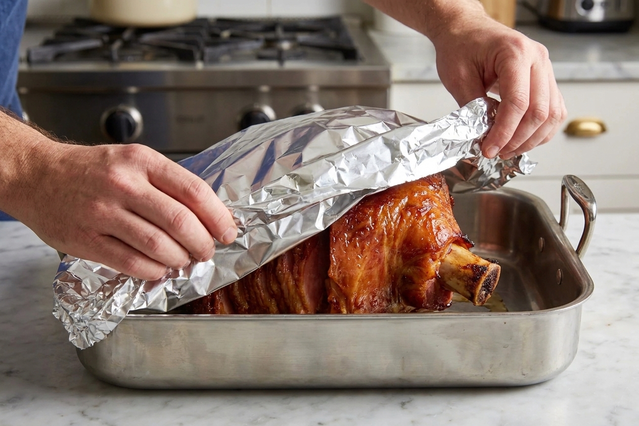 A bone-in half ham sitting cut-side down in a roasting pan with foil being crimped tightly over the top