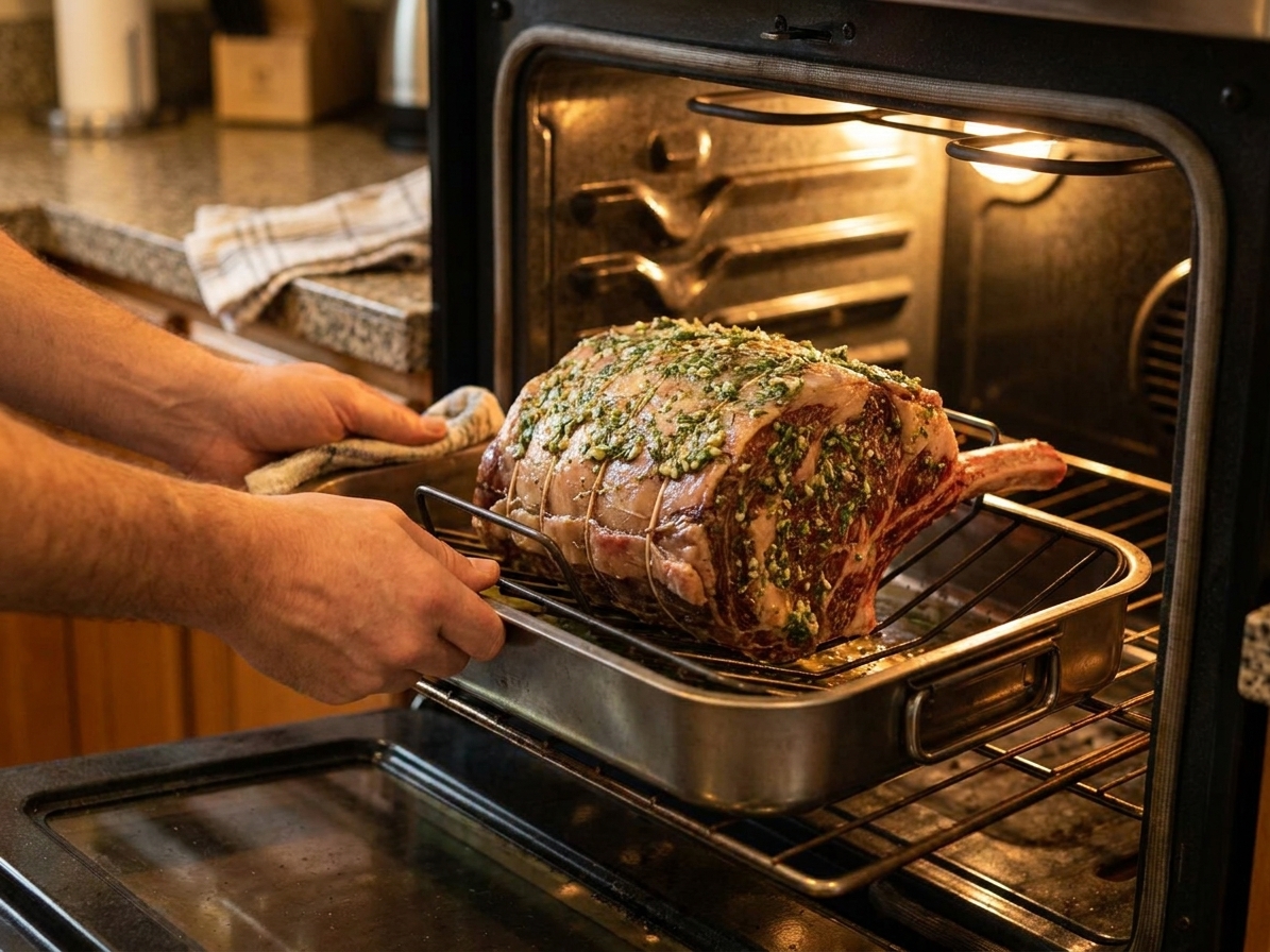 A bone-in prime rib roast in a roasting pan being placed into an oven, warm kitchen lighting