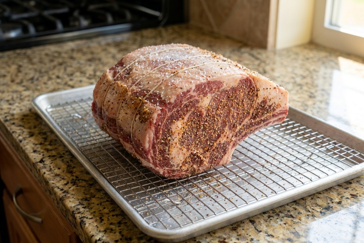 A bone-in prime rib roast resting on a wire rack over a sheet pan, lightly salted