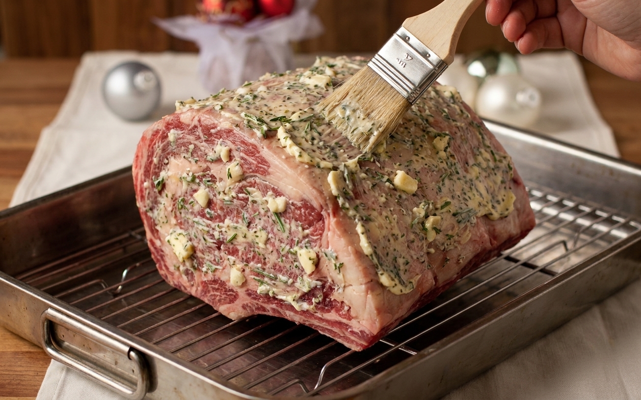 A boneless prime rib roast being coated with garlic herb butter on a wire rack set inside a roasting pan
