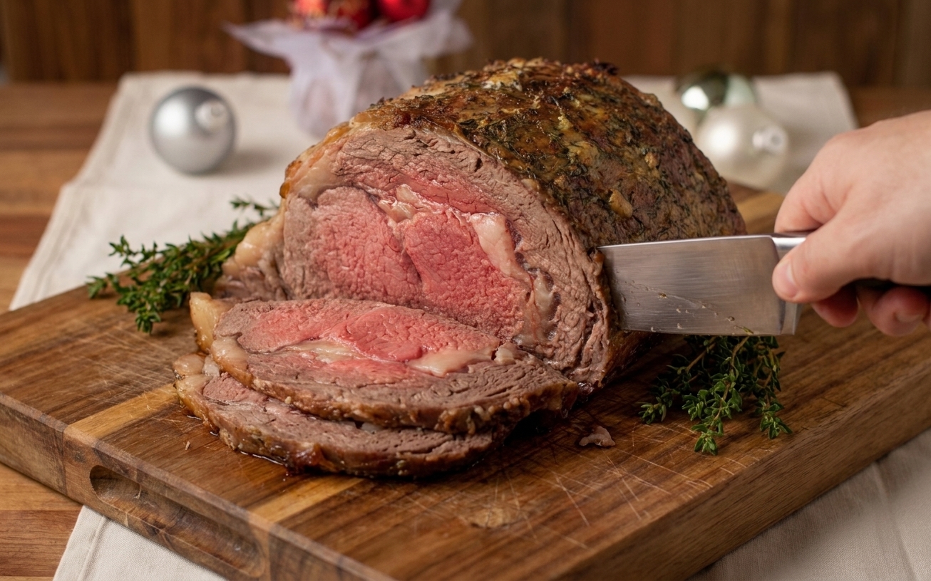 A boneless prime rib roast being sliced on a cutting board, showing a rosy medium-rare center and browned crust