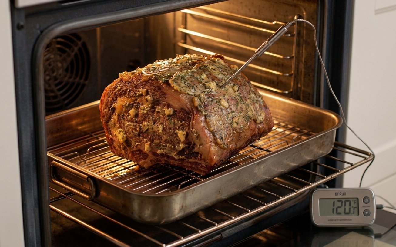 A boneless prime rib roast on a rack roasting in a home oven with a probe thermometer inserted into the thickest part