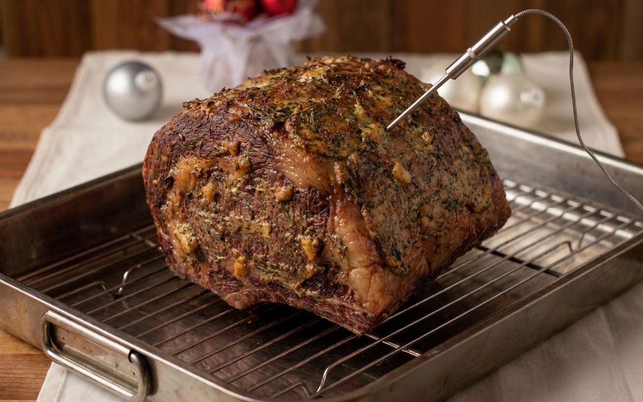 A boneless prime rib roast with a browned herb crust sitting on a rack after the high-heat finish