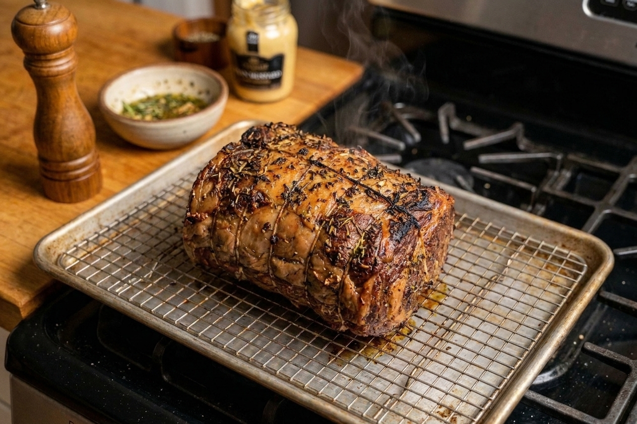 A boneless rib roast with a deeply browned herb crust in a roasting pan on a stovetop, fresh out of the oven