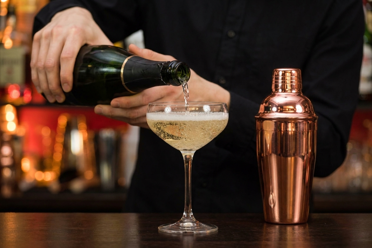 A bottle of Champagne being poured into a coupe glass with a pale cocktail base, bubbles rising to the surface