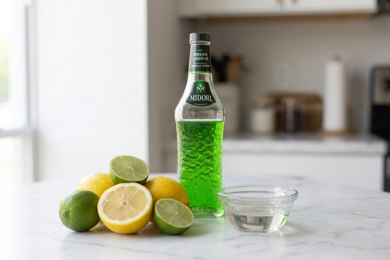 A bottle of Midori beside fresh lemons, limes, and a small bowl of simple syrup on a clean kitchen counter