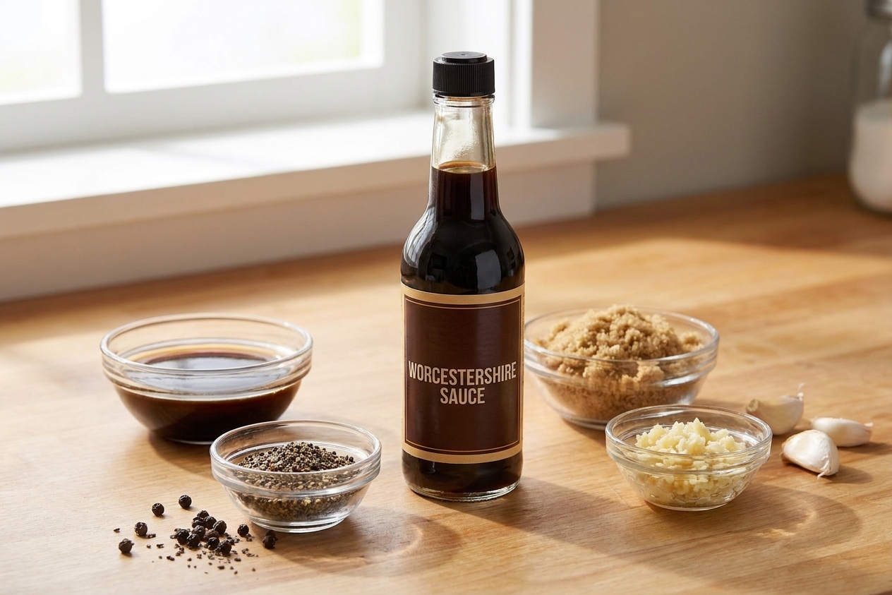A bottle of Worcestershire sauce standing on a home kitchen counter next to small bowls of soy sauce, brown sugar, minced garlic, and cracked black pepper