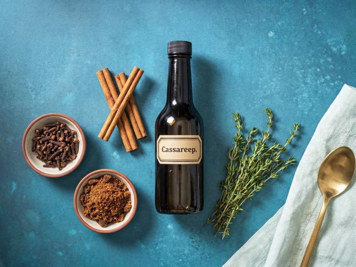 A bottle of cassareep on a kitchen counter beside cinnamon, cloves, brown sugar, and fresh thyme