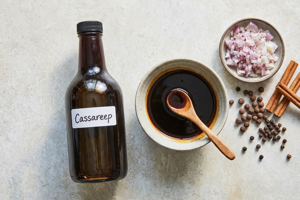 A bottle of cassareep on a kitchen counter next to a small bowl of dark syrup with onions and spices nearby