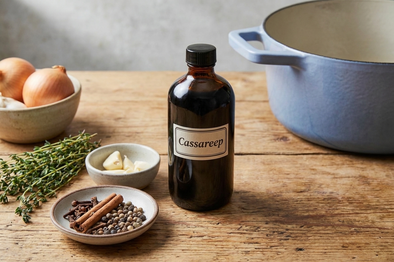 A bottle of cassareep on a kitchen counter next to garlic, onions, and whole spices, prepped for making Guyanese pepperpot