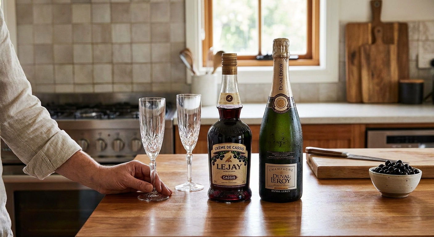 A bottle of crème de cassis next to a chilled bottle of Champagne on a clean kitchen counter with two empty flutes