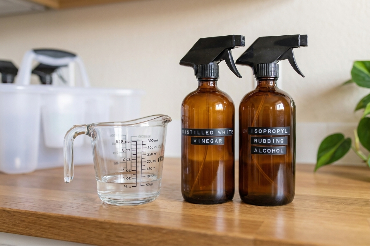 A bottle of distilled white vinegar and a bottle of isopropyl rubbing alcohol standing on a kitchen counter next to a glass measuring cup