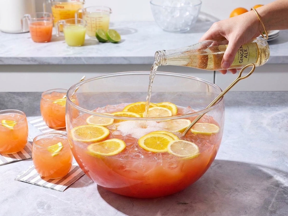 A bottle of ginger ale being poured into a punch bowl of fruit juice and citrus slices just before serving