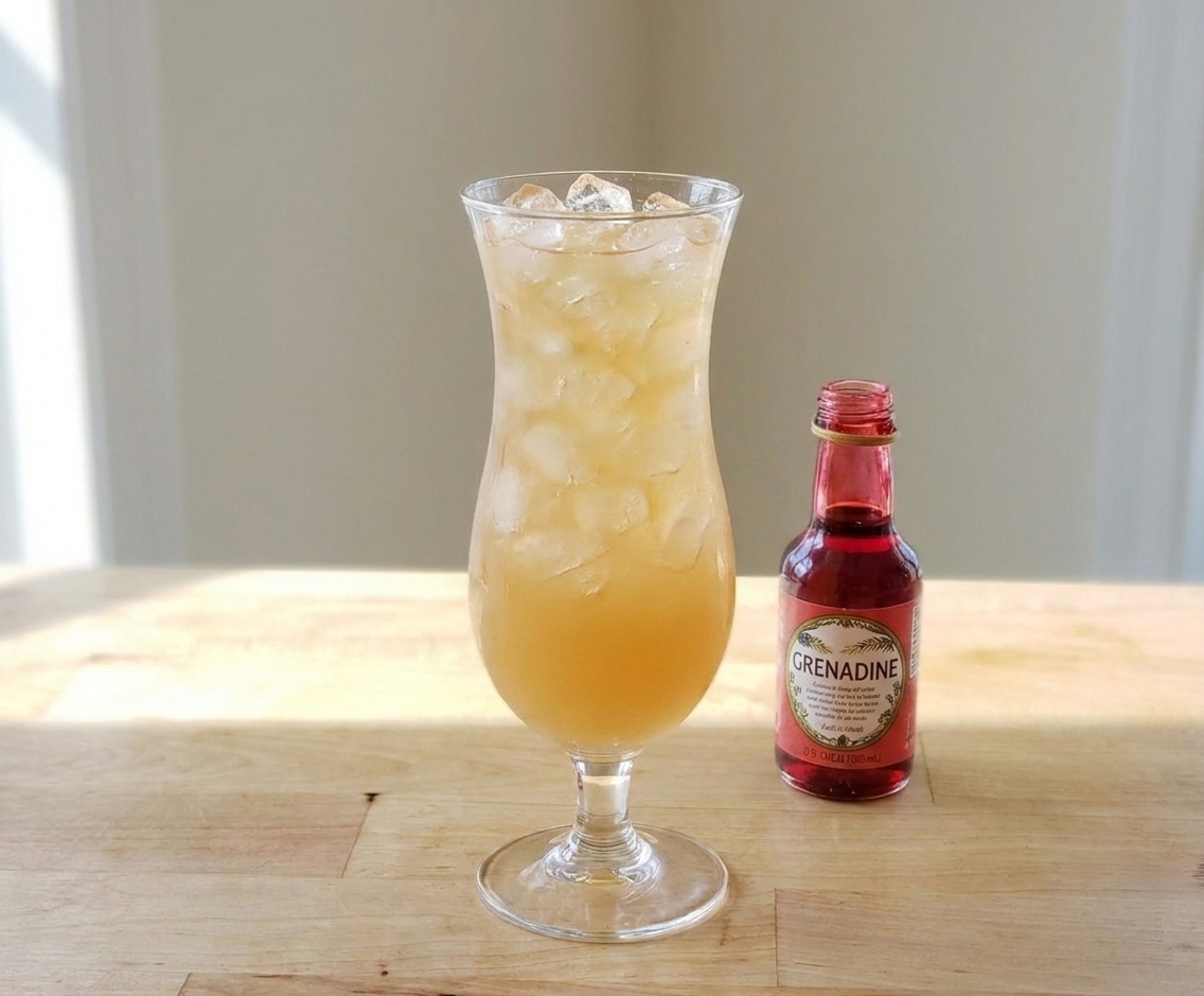A bottle of grenadine beside a tall glass packed with ice and a mixed rum cocktail ready for the red swirl
