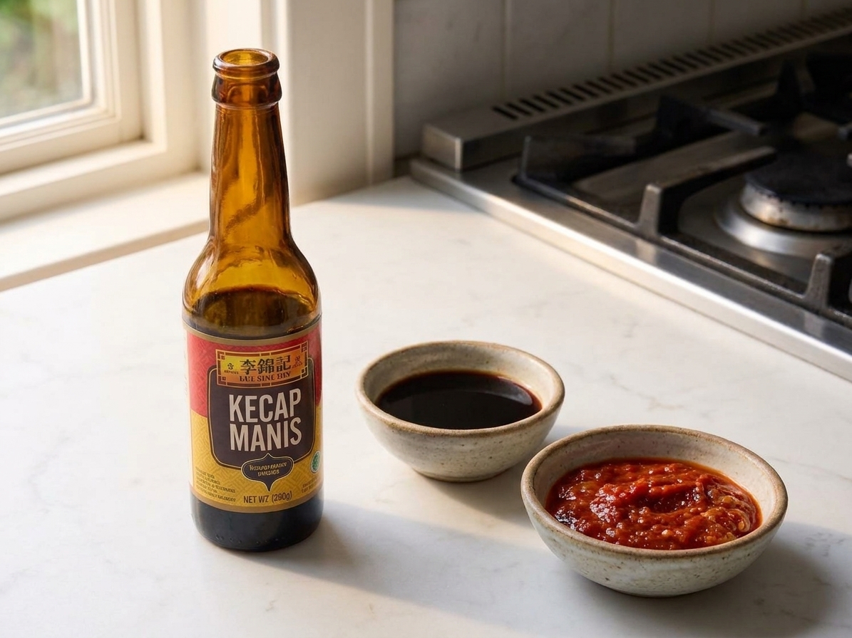 A bottle of kecap manis next to small bowls of soy sauce and sambal on a warm-lit kitchen counter
